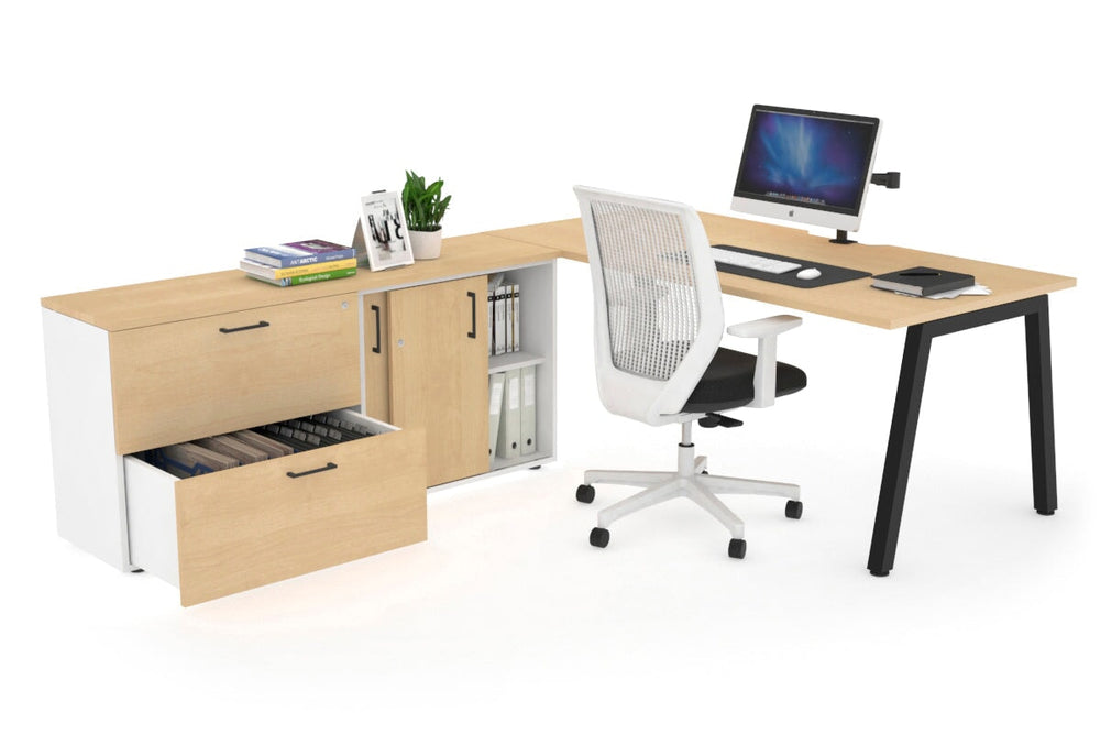 Quadro A Executive Setting - Black Frame [1600L x 800W with Cable Scallop]-maple none 2 drawer lateral sliding door credenza