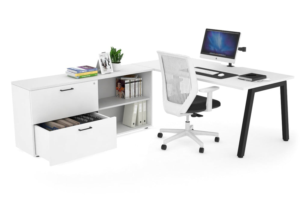 Quadro A Executive Setting - Black Frame [1600L x 800W with Cable Scallop]-white none 2 drawer open filing cabinet