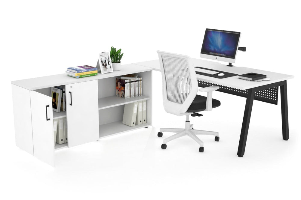 Quadro A Executive Setting - Black Frame [1600L x 800W with Cable Scallop]-white black modesty 2 door open storage cabinet