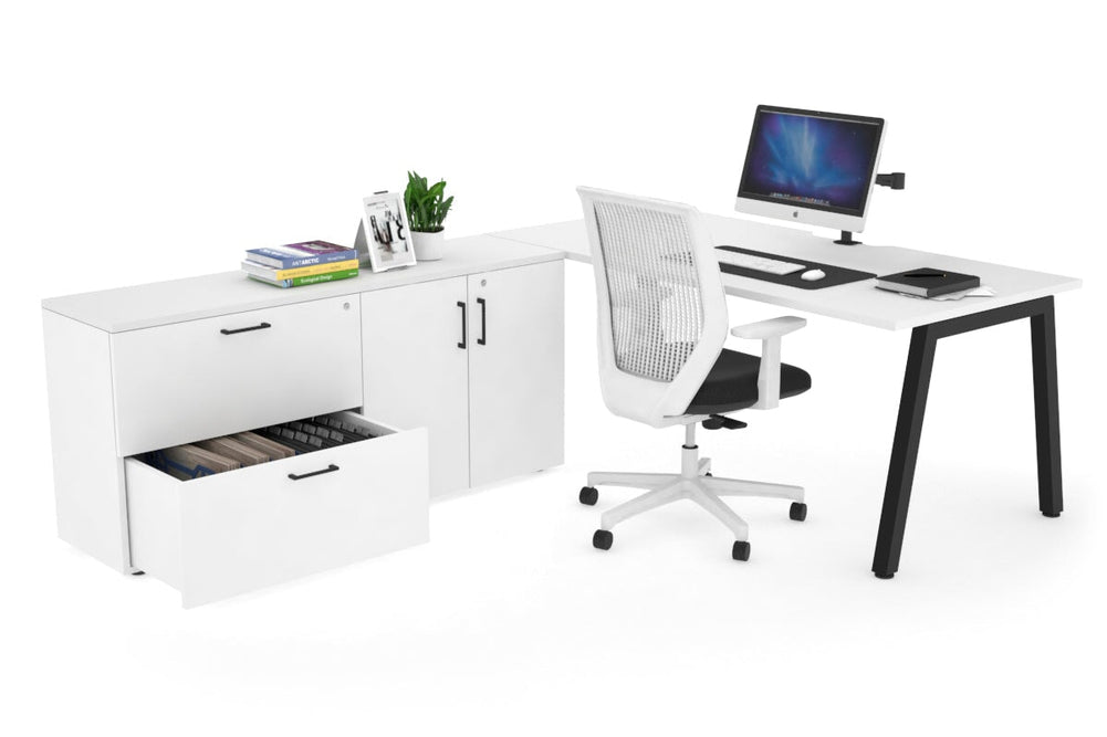 Quadro A Executive Setting - Black Frame [1600L x 800W with Cable Scallop]-white none 2 drawer 2 door filing cabinet