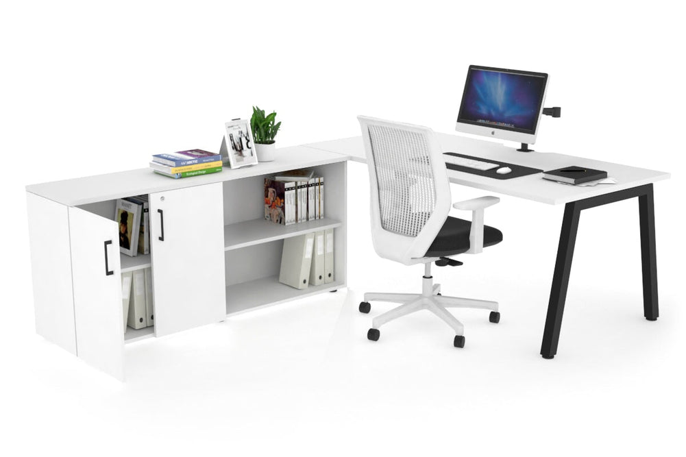 Quadro A Executive Setting - Black Frame [1600L x 800W with Cable Scallop]-white none 2 door open storage cabinet