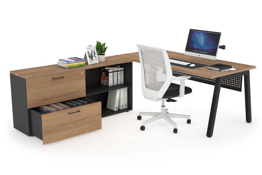 Quadro A Executive Setting - Black Frame [1800L x 700W]-salvage oak black modesty 2 drawer open filing cabinet