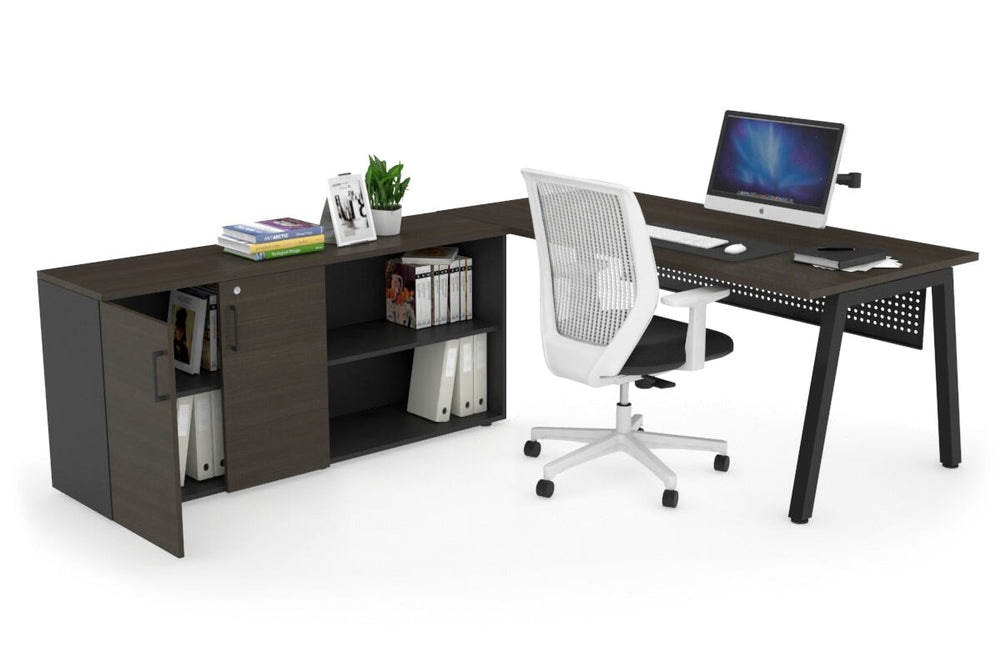 Quadro A Executive Setting - Black Frame [1800L x 700W]-dark oak black modesty 2 door open storage cabinet