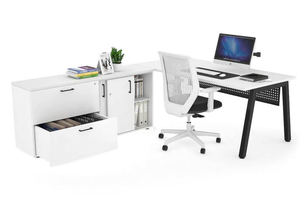 Quadro A Executive Setting - Black Frame [1800L x 700W]-white black modesty 2 drawer lateral sliding door credenza