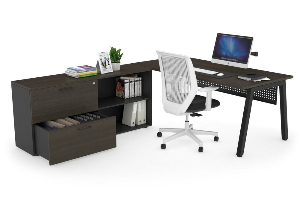 Quadro A Executive Setting - Black Frame [1800L x 700W]-dark oak black modesty 2 drawer open filing cabinet