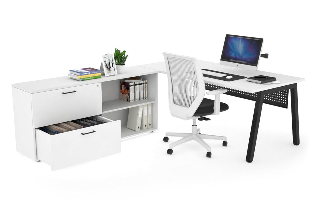 Quadro A Executive Setting - Black Frame [1800L x 700W]-white black modesty 2 drawer open filing cabinet