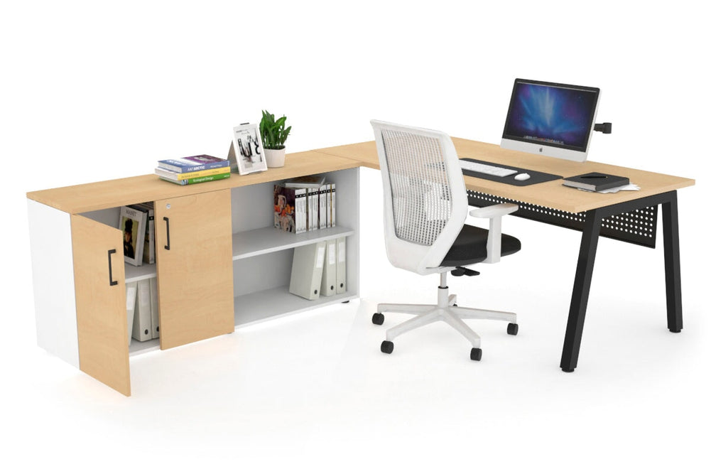 Quadro A Executive Setting - Black Frame [1800L x 700W]-maple black modesty 2 door open storage cabinet