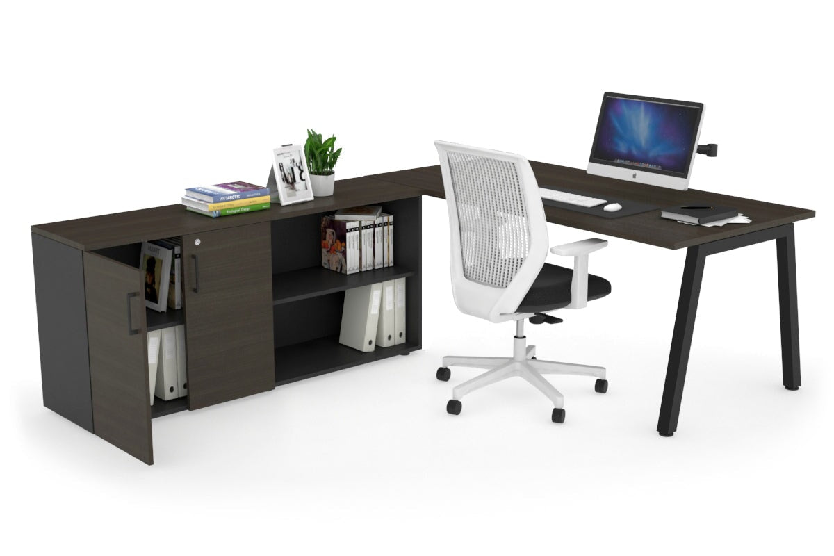 Quadro A Executive Setting - Black Frame [1800L x 700W]-dark oak none 2 door open storage cabinet