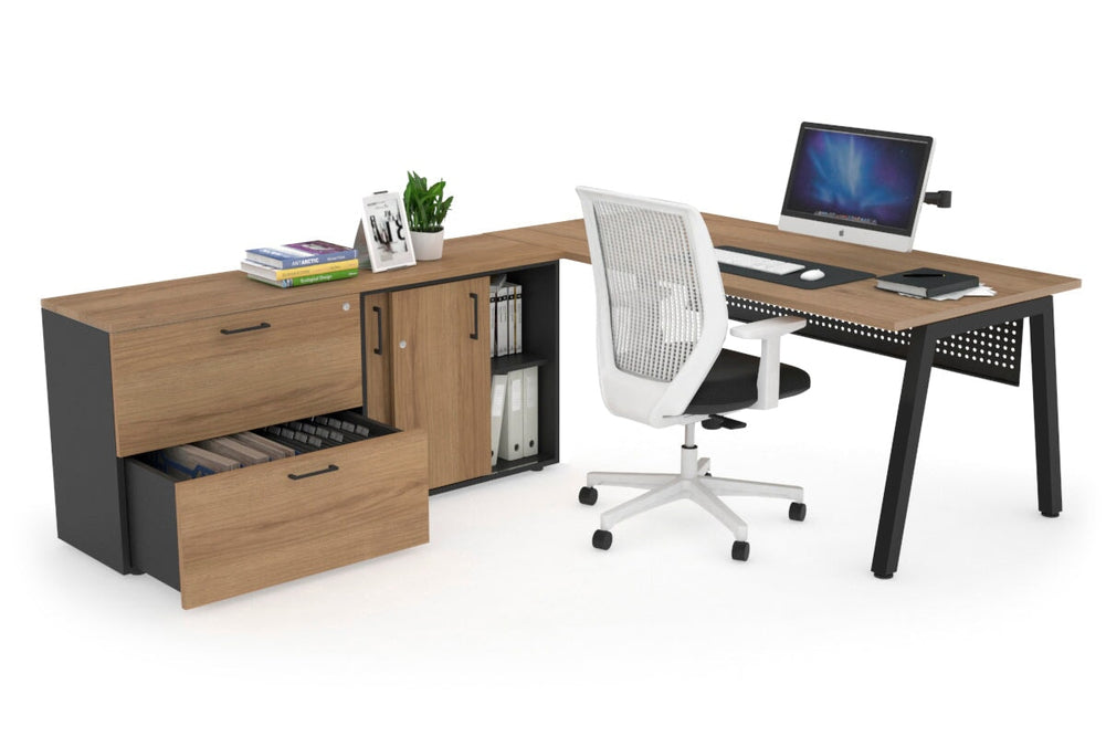 Quadro A Executive Setting - Black Frame [1800L x 700W]-salvage oak black modesty 2 drawer lateral sliding door credenza