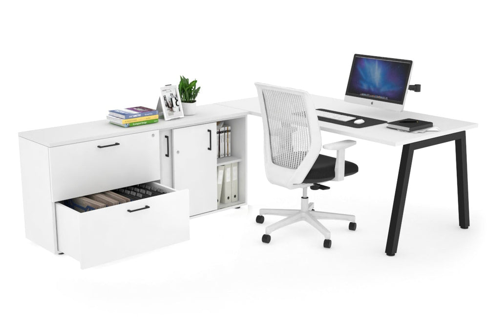 Quadro A Executive Setting - Black Frame [1800L x 700W]-white none 2 drawer lateral sliding door credenza