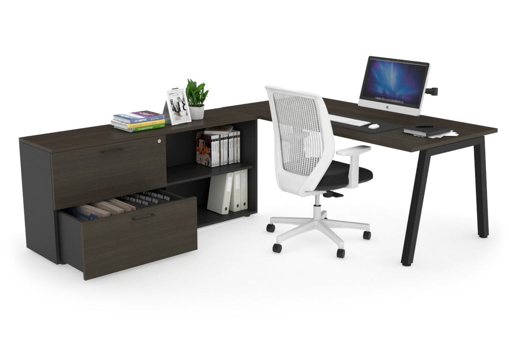 Quadro A Executive Setting - Black Frame [1800L x 700W]-dark oak none 2 drawer open filing cabinet
