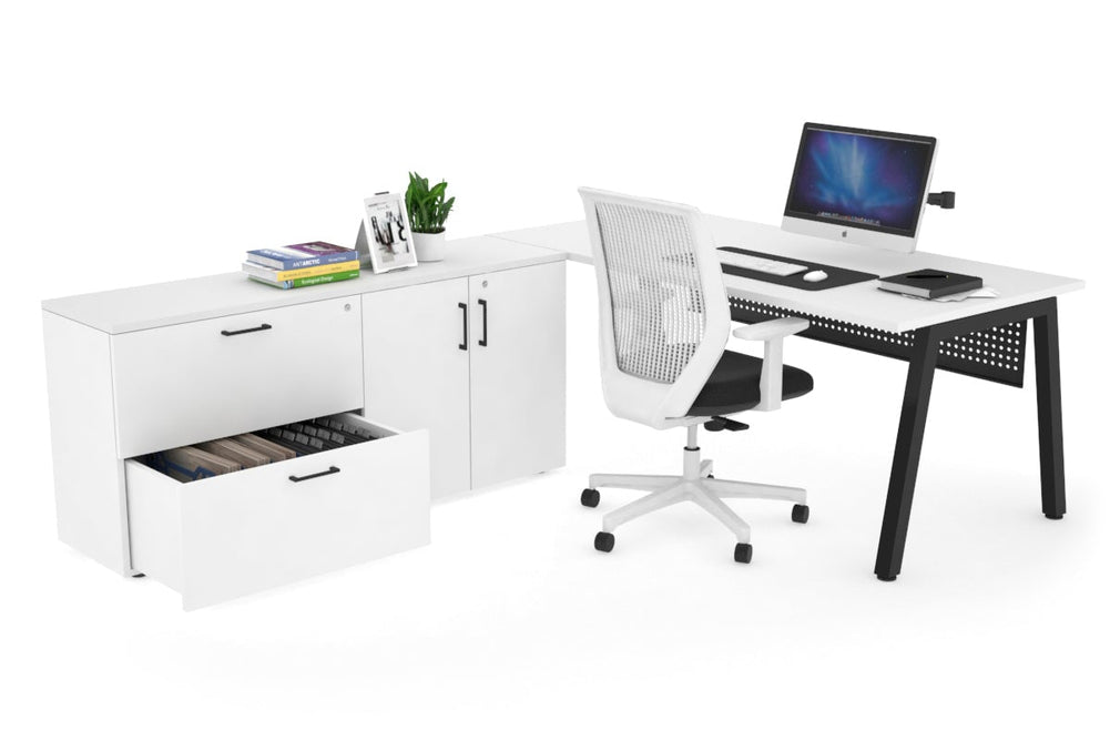 Quadro A Executive Setting - Black Frame [1800L x 700W]-white black modesty 2 drawer 2 door filing cabinet