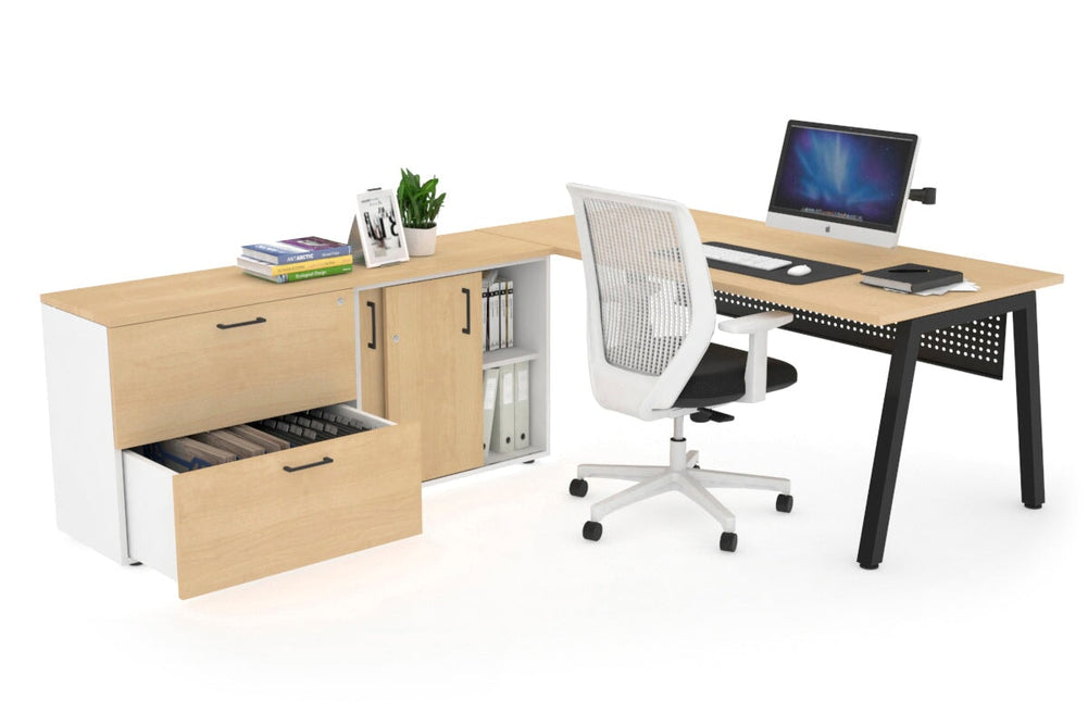 Quadro A Executive Setting - Black Frame [1800L x 700W]-maple black modesty 2 drawer lateral sliding door credenza