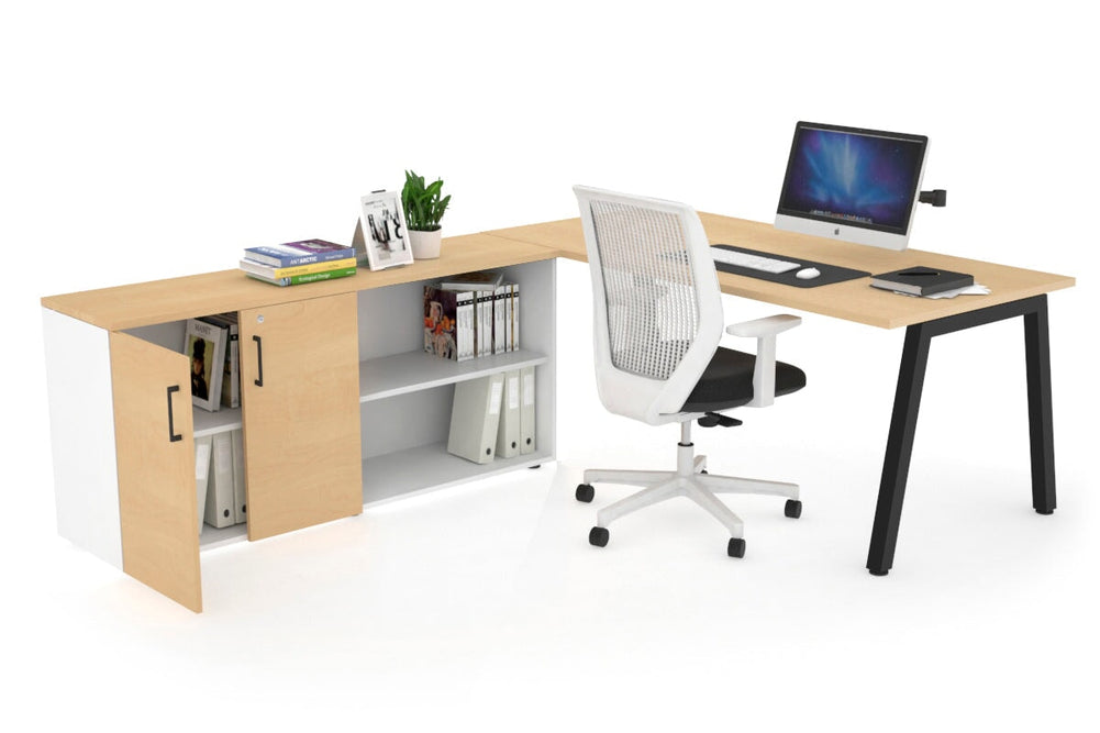 Quadro A Executive Setting - Black Frame [1800L x 700W]-maple none 2 door open storage cabinet