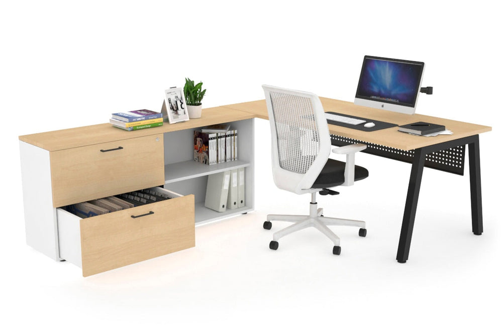 Quadro A Executive Setting - Black Frame [1800L x 700W]-maple black modesty 2 drawer open filing cabinet