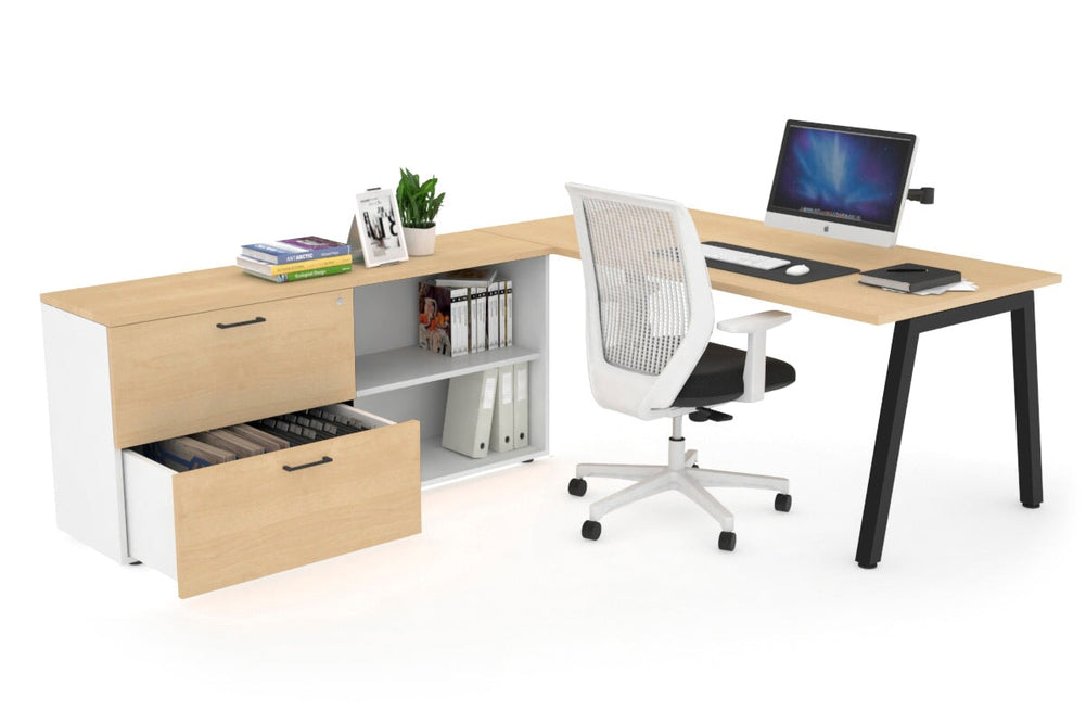Quadro A Executive Setting - Black Frame [1800L x 700W]-maple none 2 drawer open filing cabinet