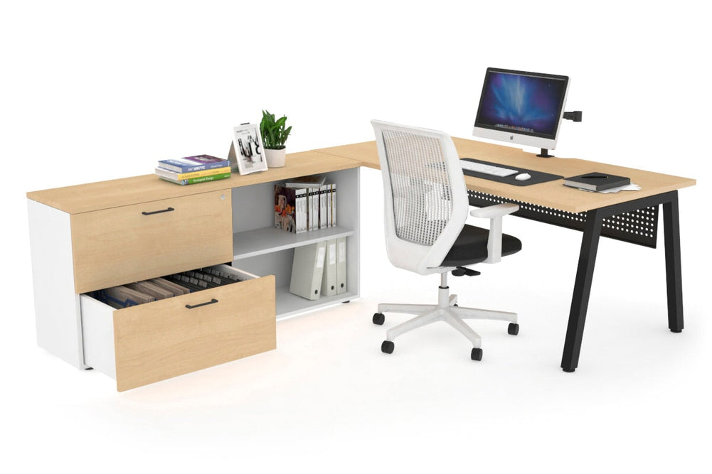 Quadro A Executive Setting - Black Frame [1800L x 800W with Cable Scallop]-maple black modesty 2 drawer open filing cabinet