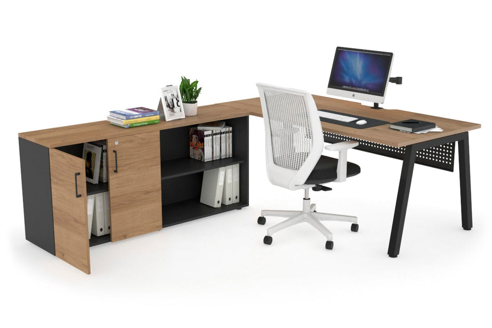 Quadro A Executive Setting - Black Frame [1800L x 800W with Cable Scallop]-salvage oak black modesty 2 door open storage cabinet