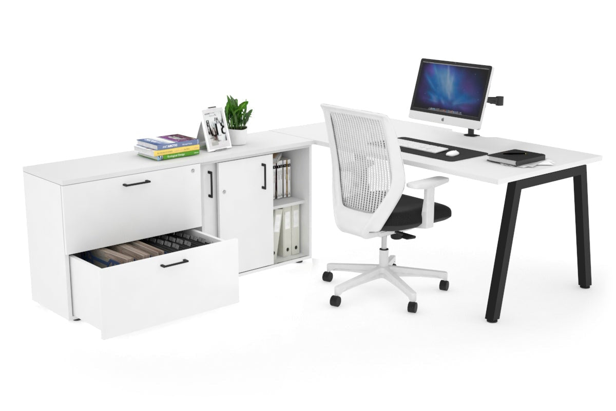 Quadro A Executive Setting - Black Frame [1800L x 800W with Cable Scallop]-white none 2 drawer lateral sliding door credenza