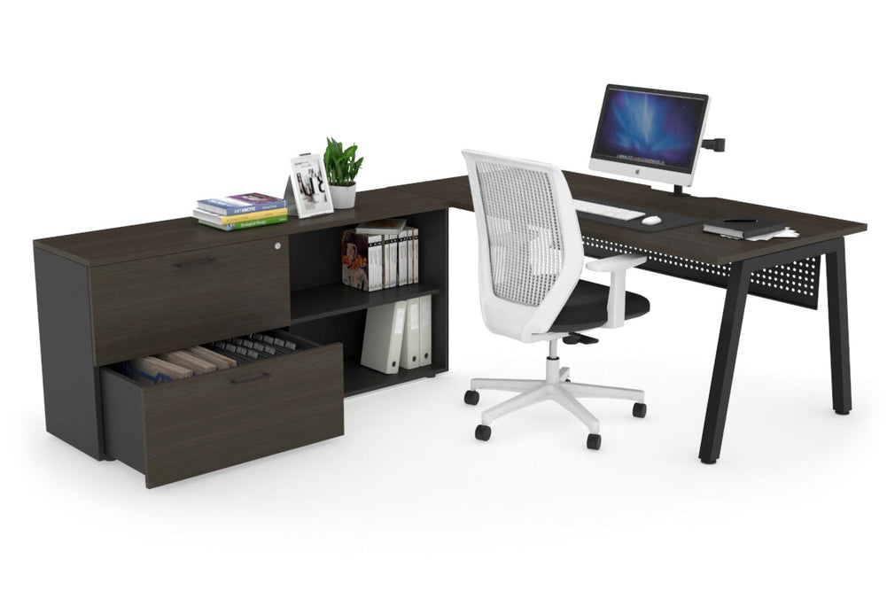 Quadro A Executive Setting - Black Frame [1800L x 800W with Cable Scallop]-dark oak black modesty 2 drawer open filing cabinet