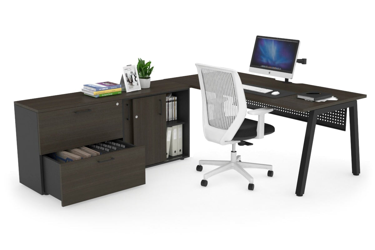 Quadro A Executive Setting - Black Frame [1800L x 800W with Cable Scallop]-dark oak black modesty 2 drawer lateral sliding door credenza