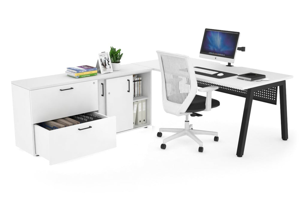 Quadro A Executive Setting - Black Frame [1800L x 800W with Cable Scallop]-white black modesty 2 drawer lateral sliding door credenza