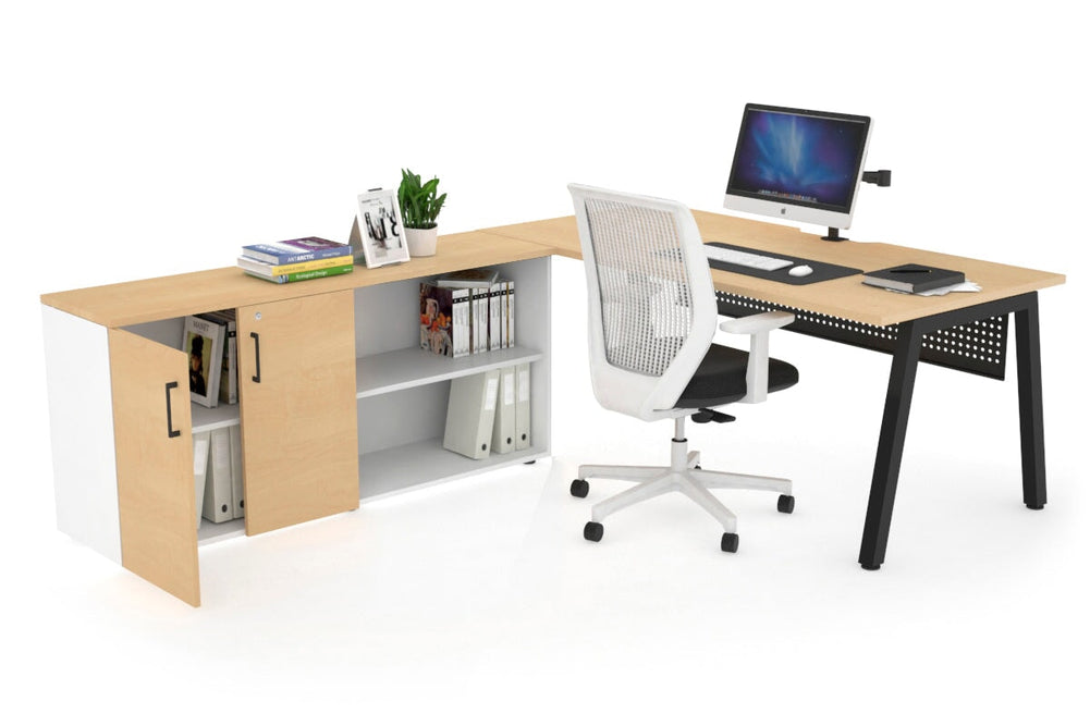 Quadro A Executive Setting - Black Frame [1800L x 800W with Cable Scallop]-maple black modesty 2 door open storage cabinet