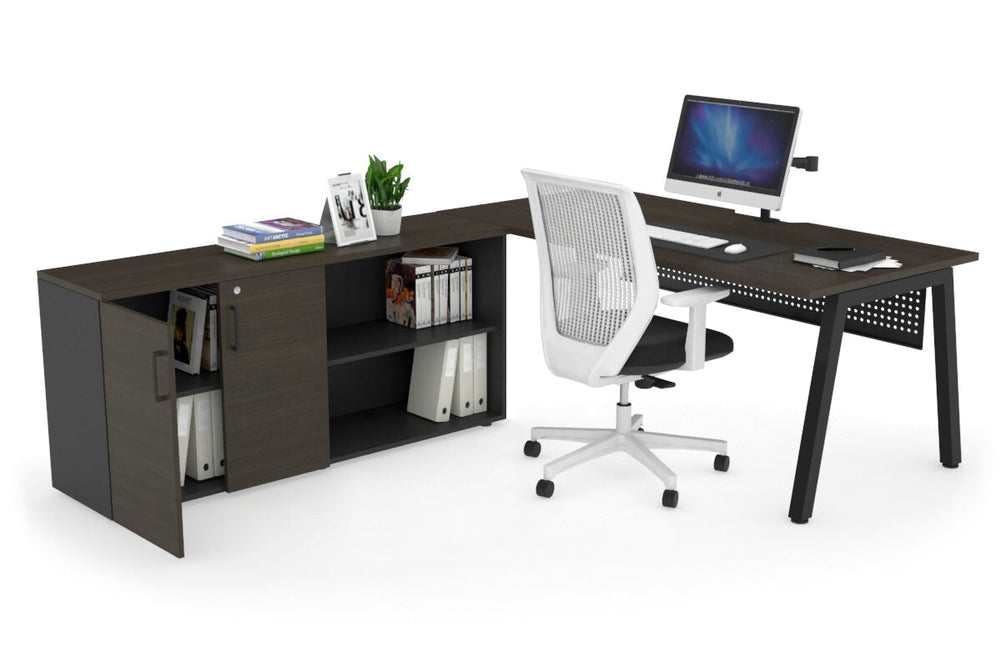 Quadro A Executive Setting - Black Frame [1800L x 800W with Cable Scallop]-dark oak black modesty 2 door open storage cabinet