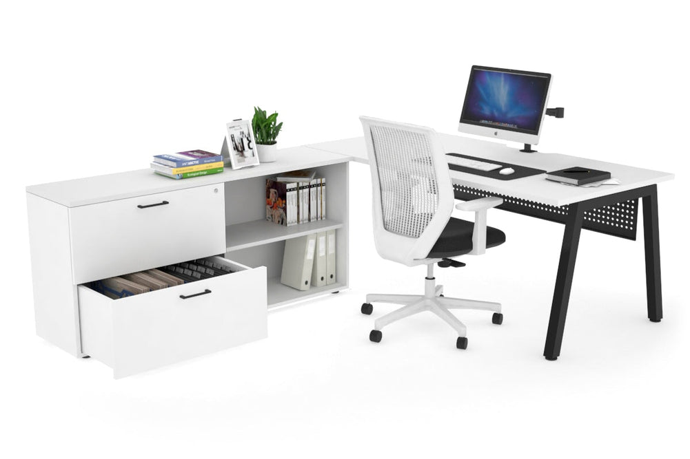 Quadro A Executive Setting - Black Frame [1800L x 800W with Cable Scallop]-white black modesty 2 drawer open filing cabinet