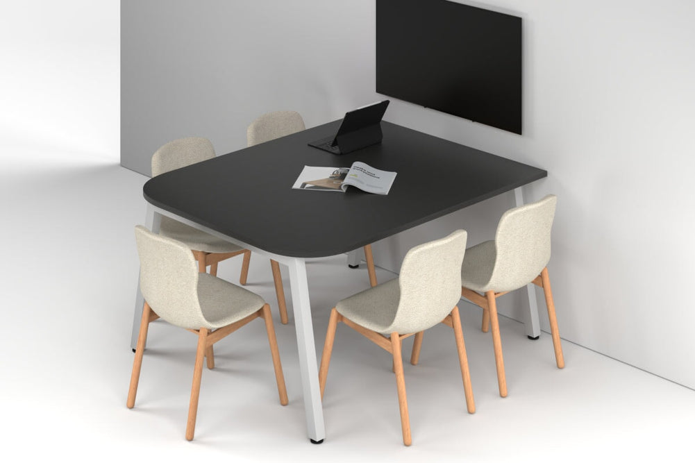 Quadro A Leg Modern Half Meeting Table - Large Rounded Corners [1500L x 1200W with Large Rounded Corners]-white leg black wood grain 