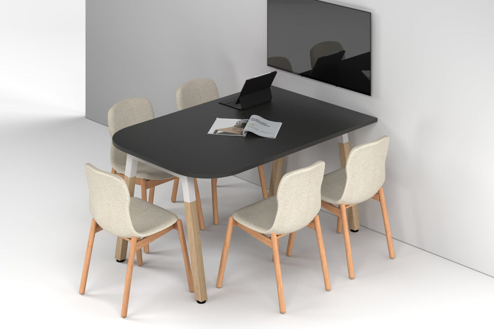 Quadro A Leg Modern Half Meeting Table Wood Legs - Large Rounded Corners [1500L x 1000W with Large Rounded Corners]-white leg black wood grain 