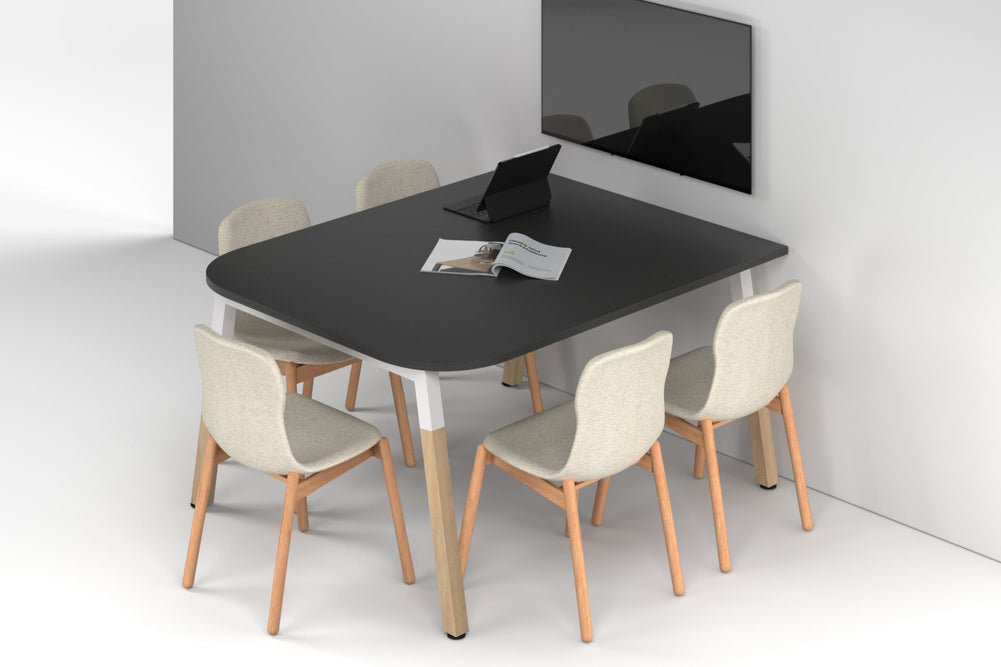 Quadro A Leg Modern Half Meeting Table Wood Legs - Large Rounded Corners [1500L x 1200W with Large Rounded Corners]-white leg black wood grain 