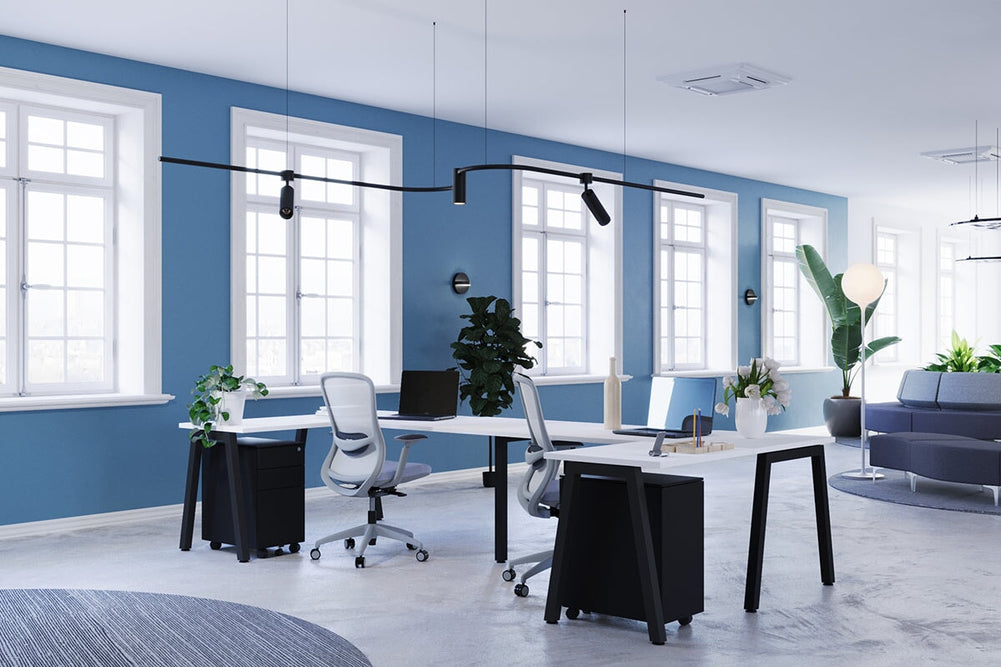 Quadro A Legs 2 Person Corner Workstation - U Configuration - Black Frame [1400L x 1800W with Cable Scallop]-dark oak moody charcoal biscuit panel