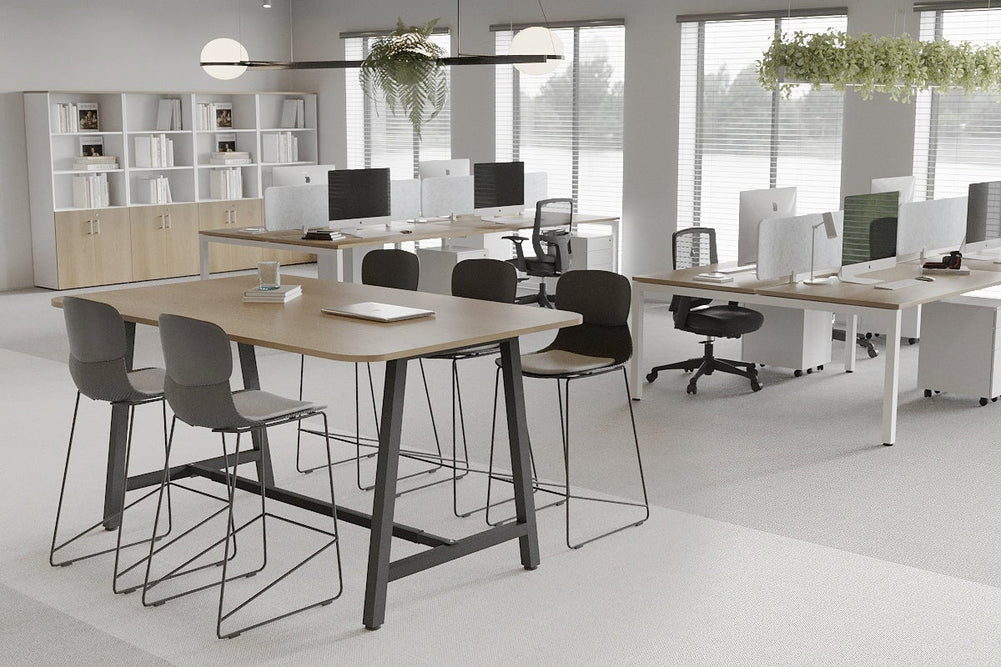 Quadro A Legs Counter Table with Rounded Corners [1800L x 1100W with Rounded Corners]-black leg dark oak wheels