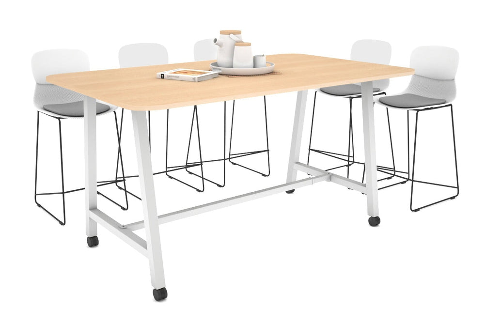 Quadro A Legs Counter Table with Rounded Corners [1800L x 1100W with Rounded Corners]-white leg maple wheels