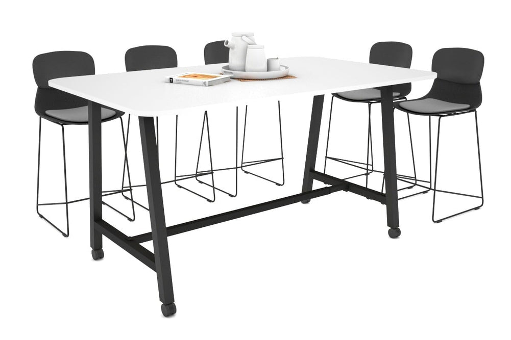 Quadro A Legs Counter Table with Rounded Corners [1800L x 1100W with Rounded Corners]-black leg white wheels