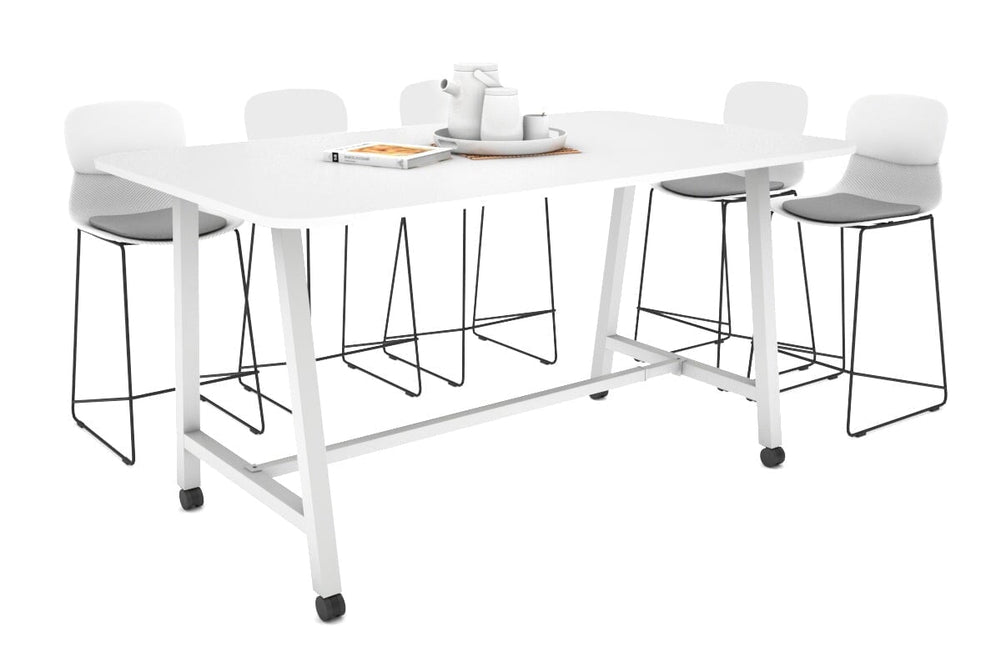 Quadro A Legs Counter Table with Rounded Corners [1800L x 1100W with Rounded Corners]-white leg white wheels