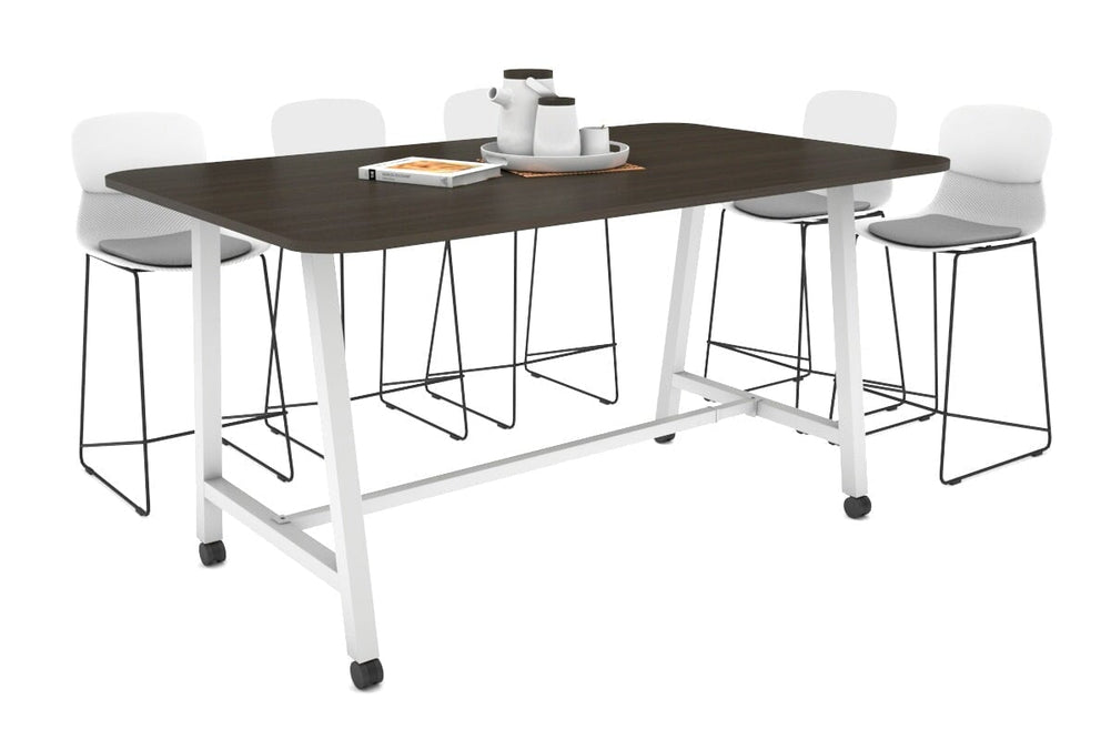 Quadro A Legs Counter Table with Rounded Corners [1800L x 1100W with Rounded Corners]-white leg dark oak wheels