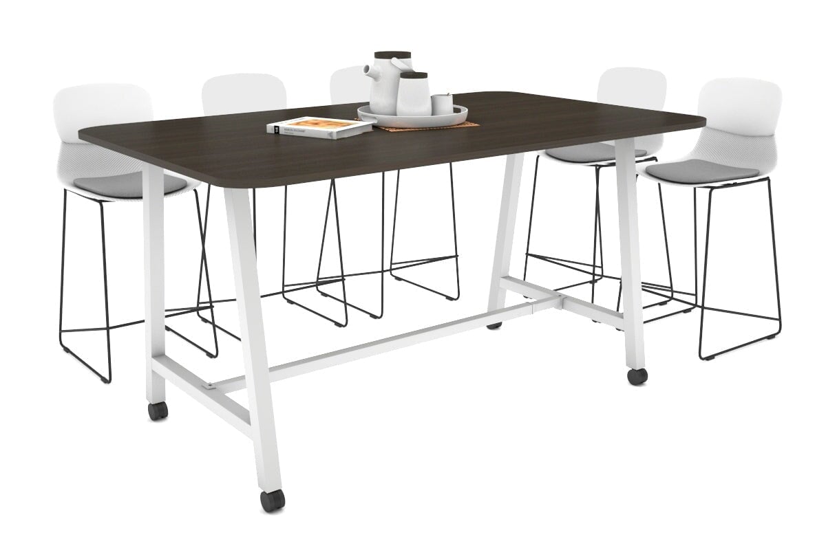 Quadro A Legs Counter Table with Rounded Corners [1800L x 1100W with Rounded Corners] Jasonl white leg dark oak wheels