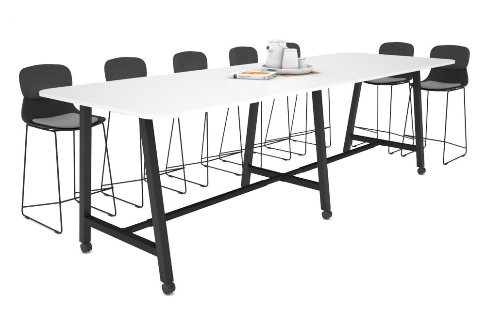 Quadro A Legs Counter Table with Rounded Corners [3200L x 1100W with Rounded Corners]-black leg white wheels