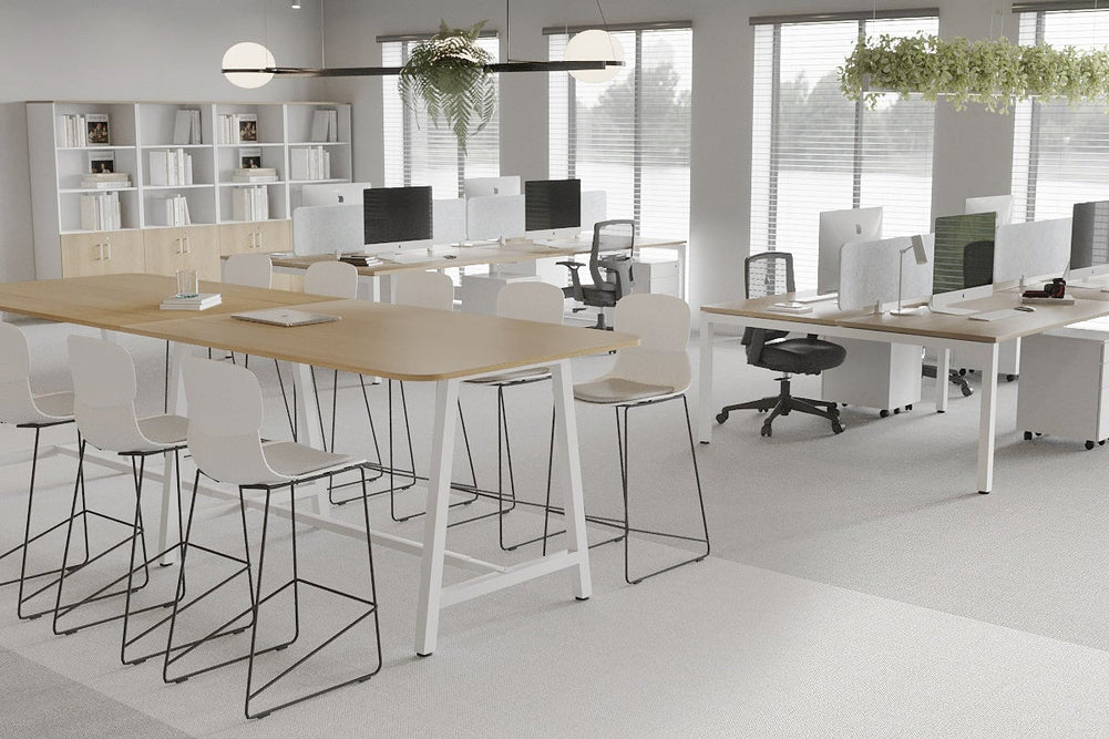 Quadro A Legs Counter Table with Rounded Corners [3200L x 1100W with Rounded Corners]-black leg dark oak wheels