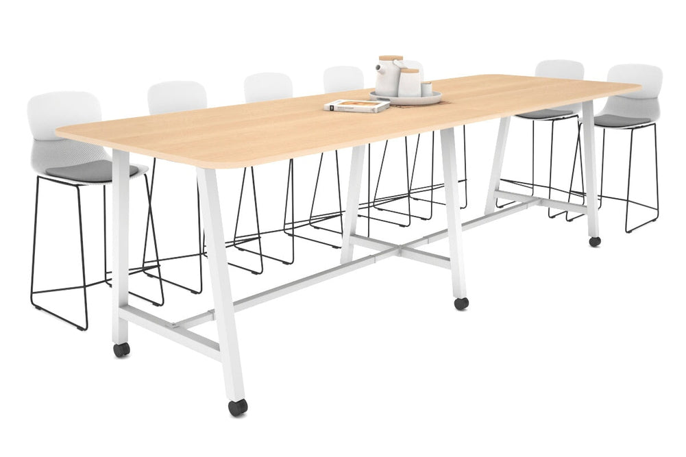 Quadro A Legs Counter Table with Rounded Corners [3200L x 1100W with Rounded Corners]-white leg maple wheels