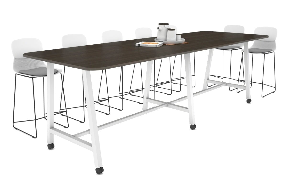 Quadro A Legs Counter Table with Rounded Corners [3200L x 1100W with Rounded Corners] Jasonl white leg dark oak wheels