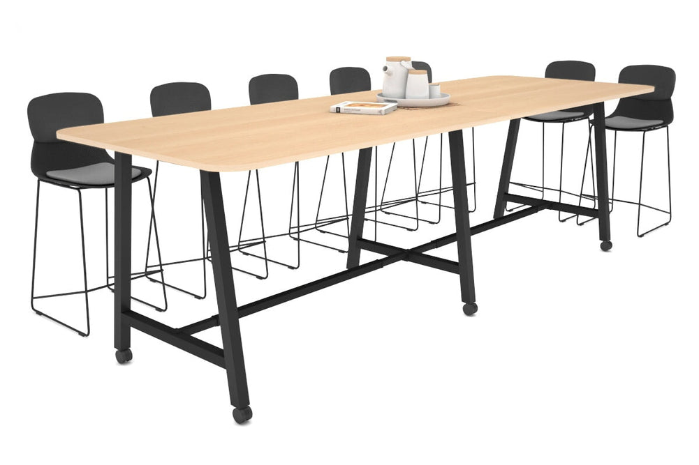 Quadro A Legs Counter Table with Rounded Corners [3200L x 1100W with Rounded Corners]-black leg maple wheels