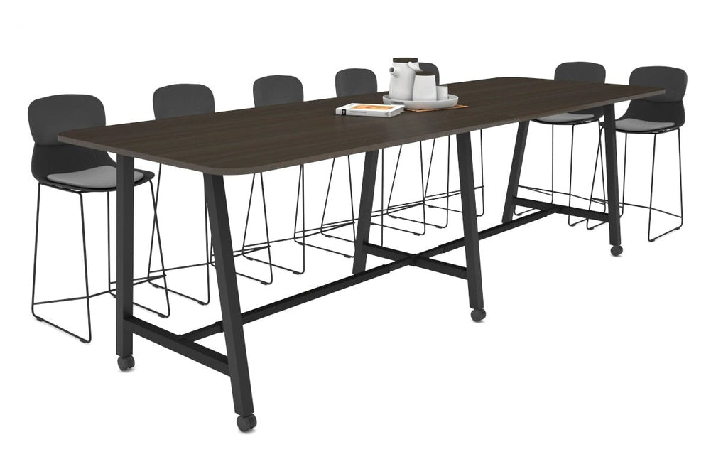 Quadro A Legs Counter Table with Rounded Corners [3200L x 1100W with Rounded Corners]-black leg dark oak wheels
