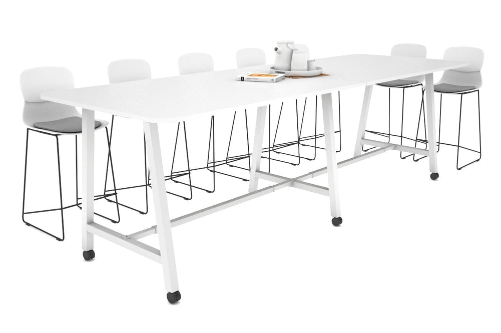 Quadro A Legs Counter Table with Rounded Corners [3200L x 1100W with Rounded Corners]-white leg white wheels