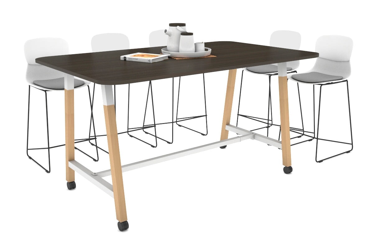 Quadro A Legs Counter Table with Rounded Corners - Wood Legs Cross Beam [1800L x 1100W with Rounded Corners] Jasonl white leg dark oak wheels
