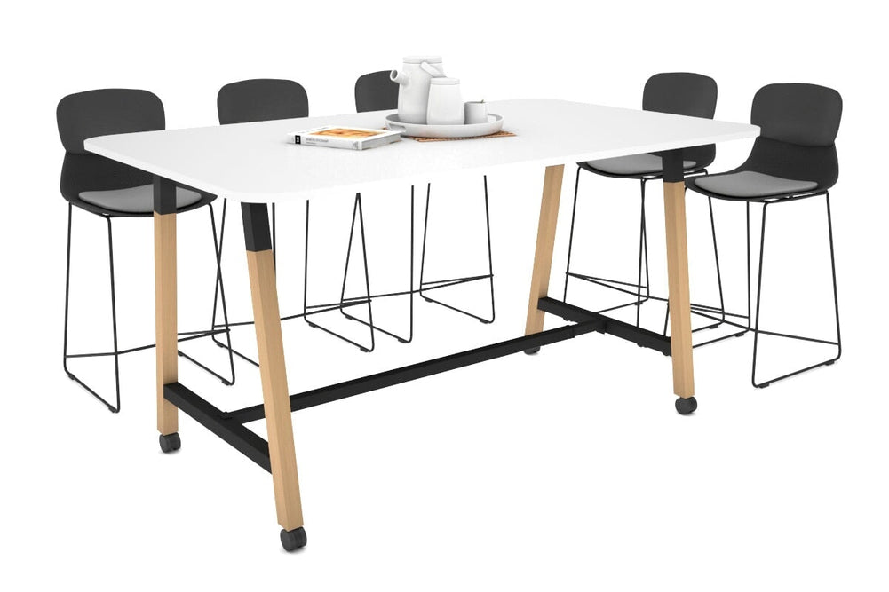 Quadro A Legs Counter Table with Rounded Corners - Wood Legs Cross Beam [1800L x 1100W with Rounded Corners]-black leg white wheels