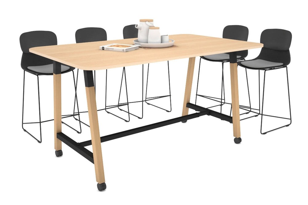 Quadro A Legs Counter Table with Rounded Corners - Wood Legs Cross Beam [1800L x 1100W with Rounded Corners]-black leg maple wheels