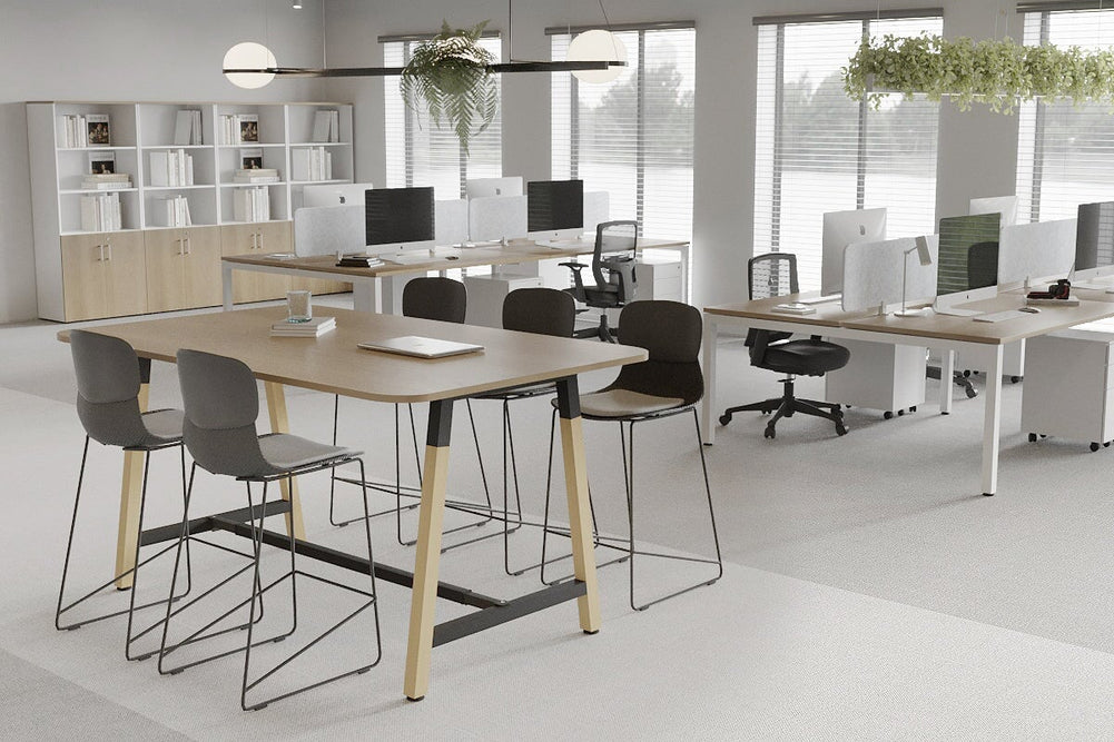 Quadro A Legs Counter Table with Rounded Corners - Wood Legs Cross Beam [1800L x 1100W with Rounded Corners]-black leg dark oak wheels